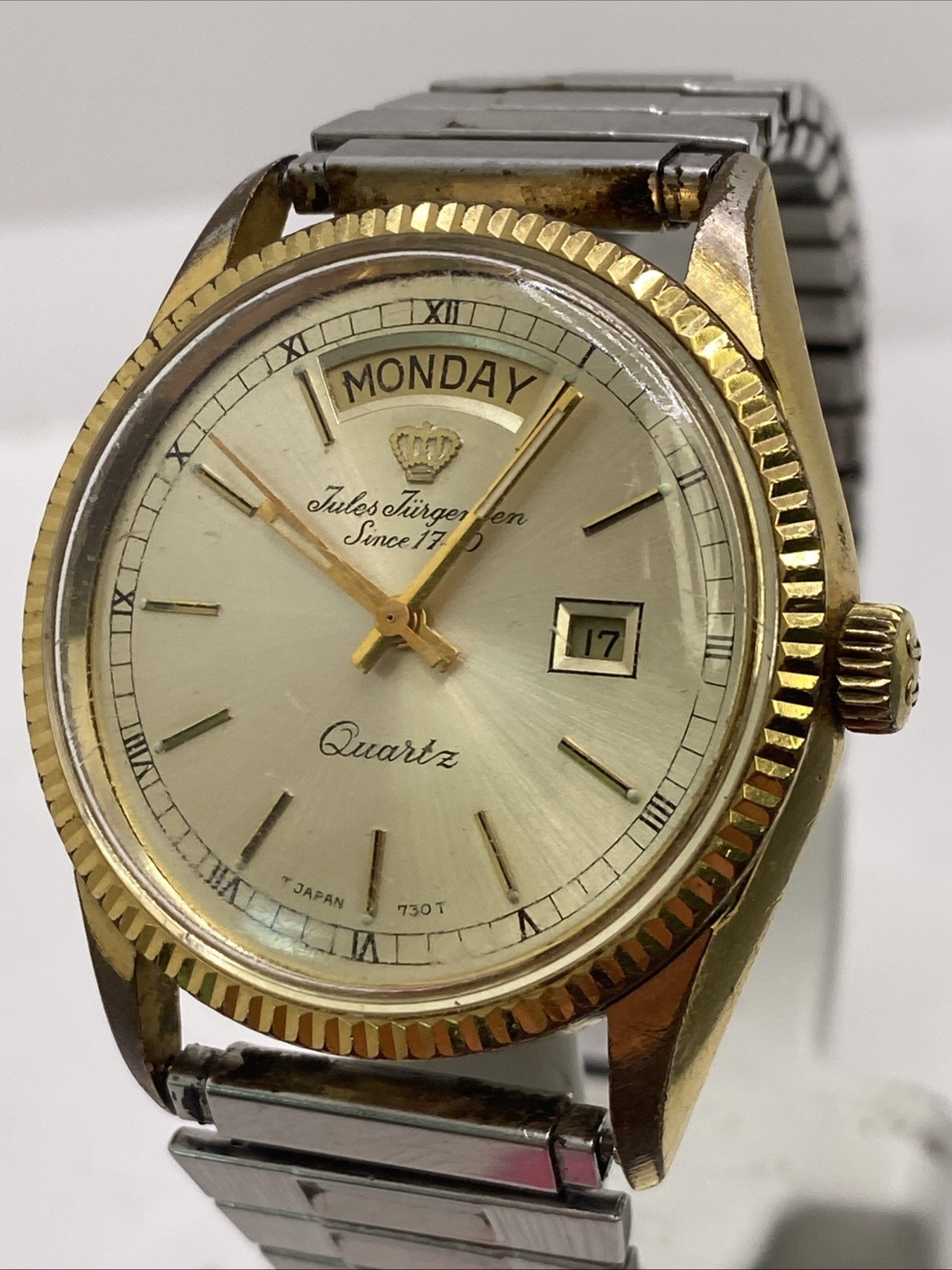 Vintage Jules Jurgensen Mens Gold Presidential Fluted Bezel Watch New Battery